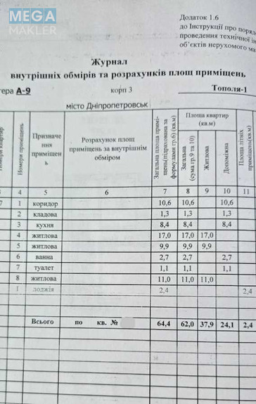 Продаж 3 кімнатної квартири (64/?/?), 8 пов. 9 пов. будинку, <a class="location-link" href="/dnepropetrovsk/" title="Недвижимость Дніпра">Дніпро</a>, Тополя-1, 15 (изображение 3)