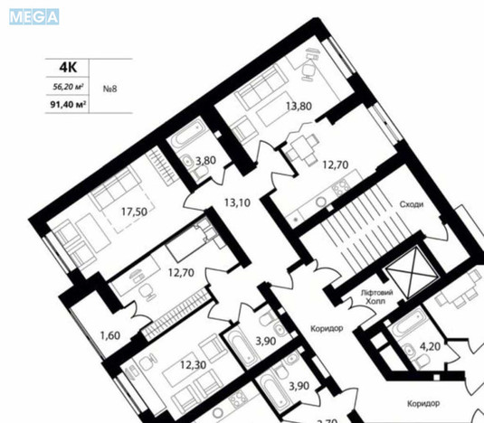 Продаж 4 кімнатної квартири (90/56/12), 3 пов. 10 пов. будинку, <a class="location-link" href="/petropavlovskaya-borshagovka/" title="Недвижимость Петропавлівська Борщагівка">Петропавлівська Борщагівка</a>, Соборная, 121 (изображение 1)