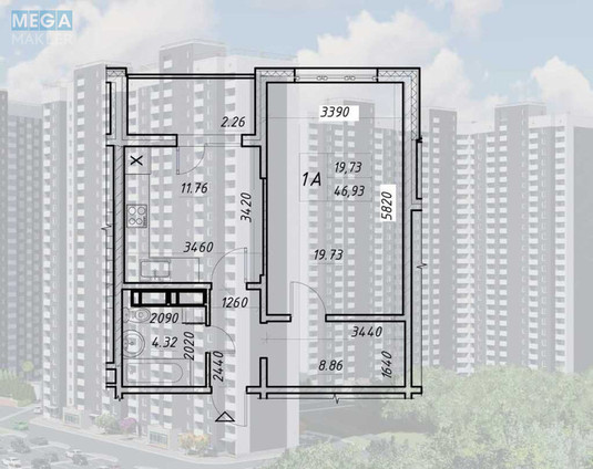 Продаж 1 кімнатної квартири (47/19/12), 23 пов. 25 пов. будинку, <a class="location-link" href="/kiev/" title="Недвижимость Київ">Київ</a>, <a class="location-link" href="/kiev/obolonskij/" title="Недвижимость Оболонський район">Оболонський р-н</a>, Семьи Кульженков ул., 21 (изображение 2)